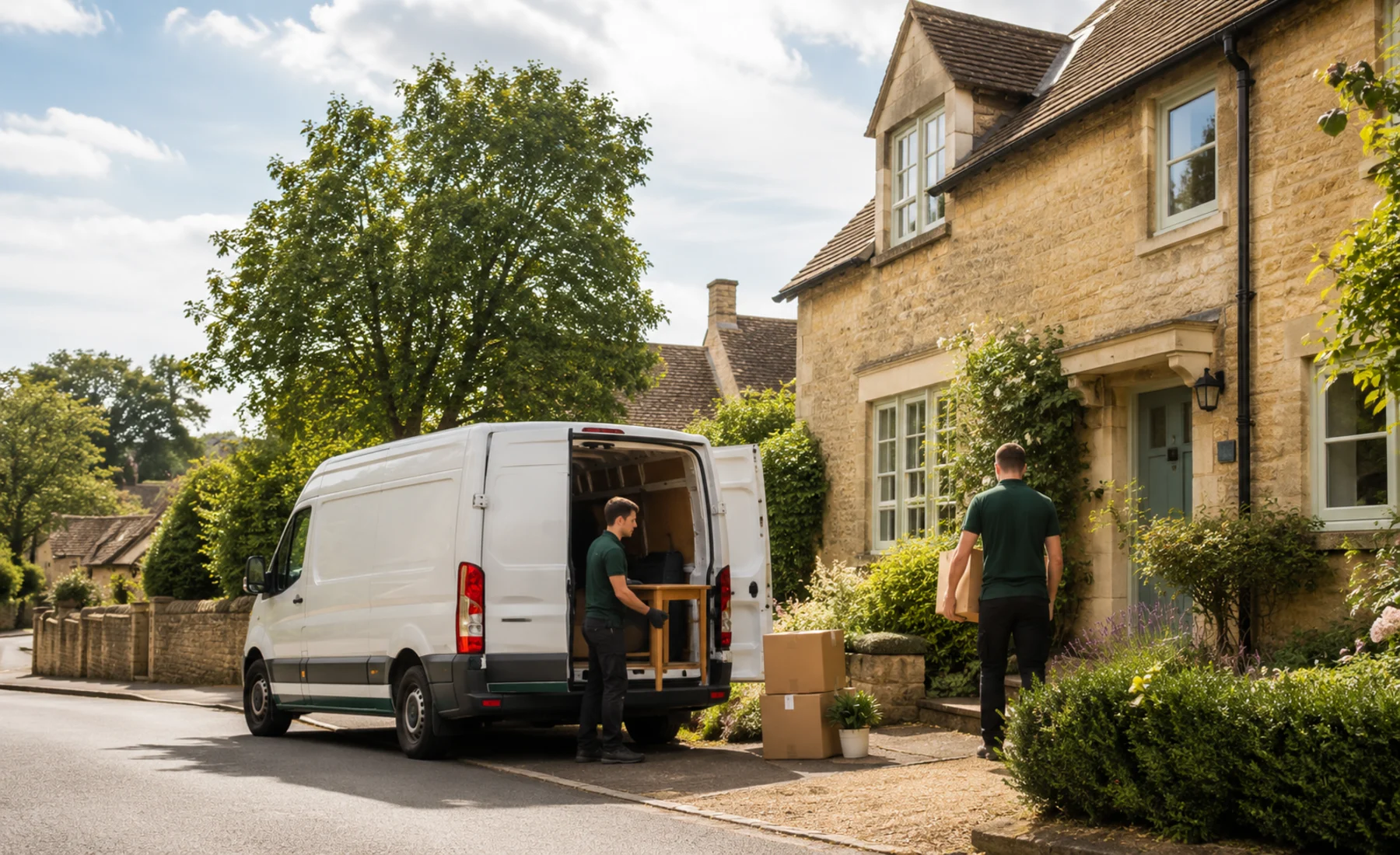 Professional clearance team loading household items at a tidy Wiltshire home.