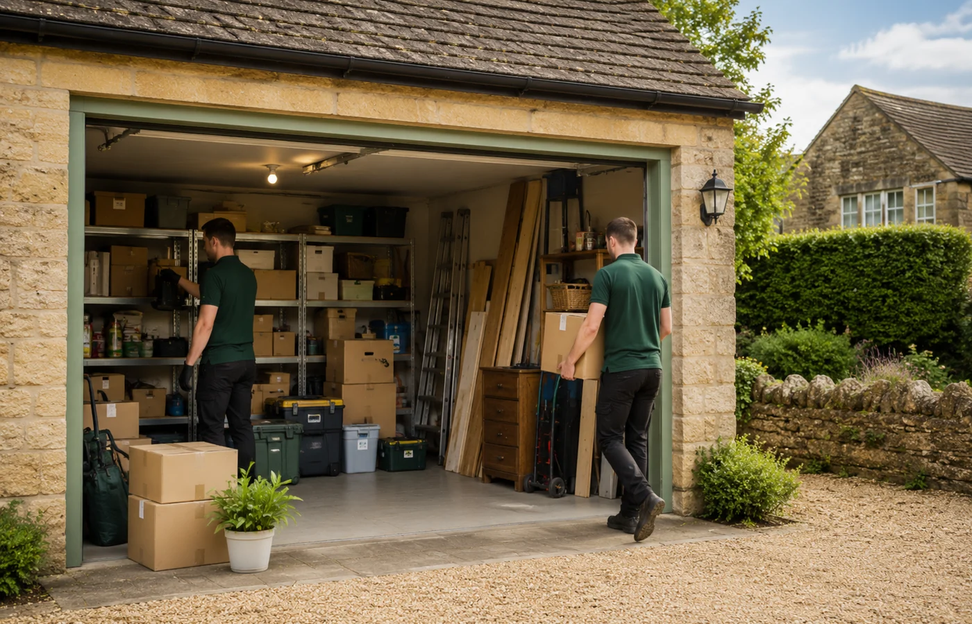 Organised garage with household items ready for clearance.