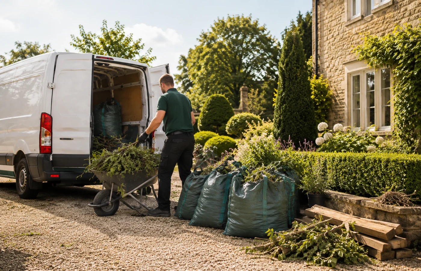 Bags of green waste and branches ready for garden waste collection.