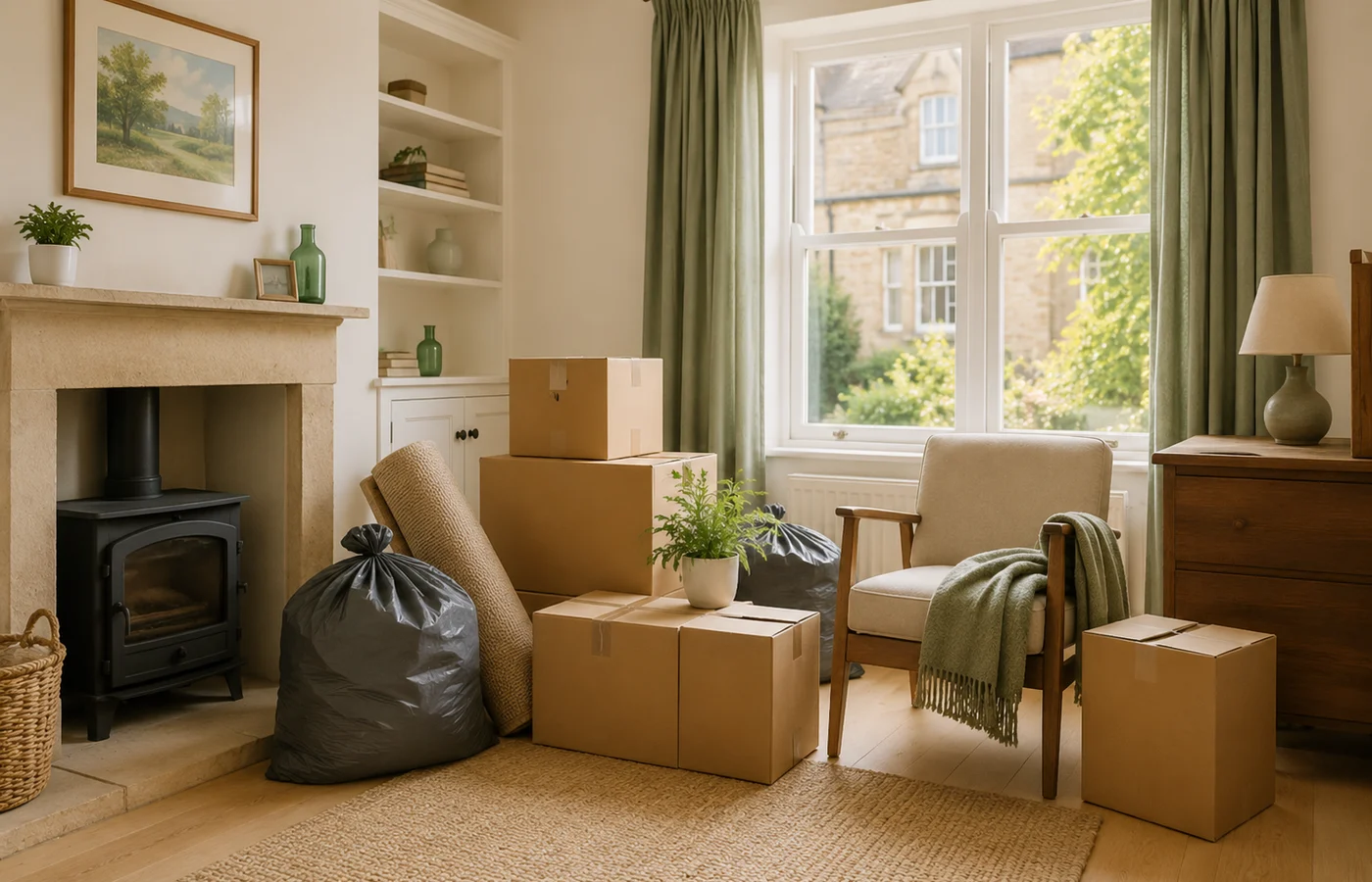Tidy room with boxes and furniture ready for a house clearance.