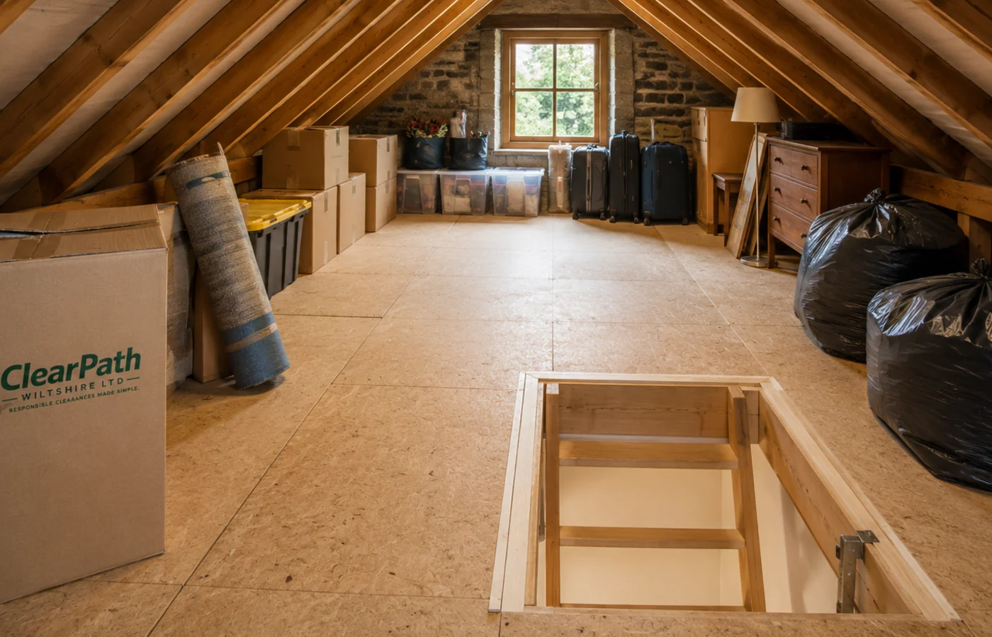 Loft storage area with boxes and bags ready for removal.