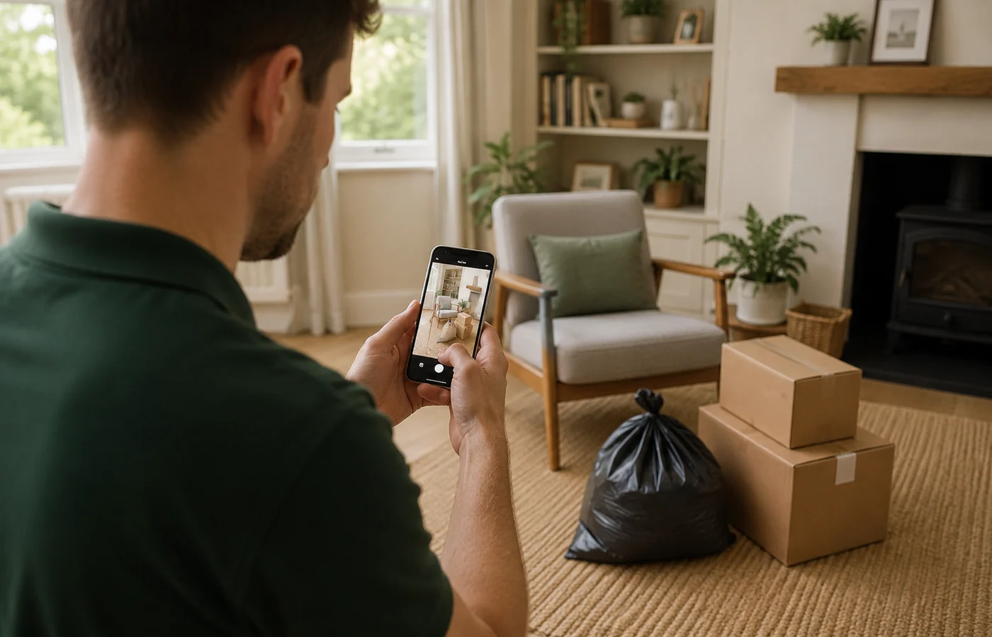 Customer using a phone to photograph items for a clearance estimate.