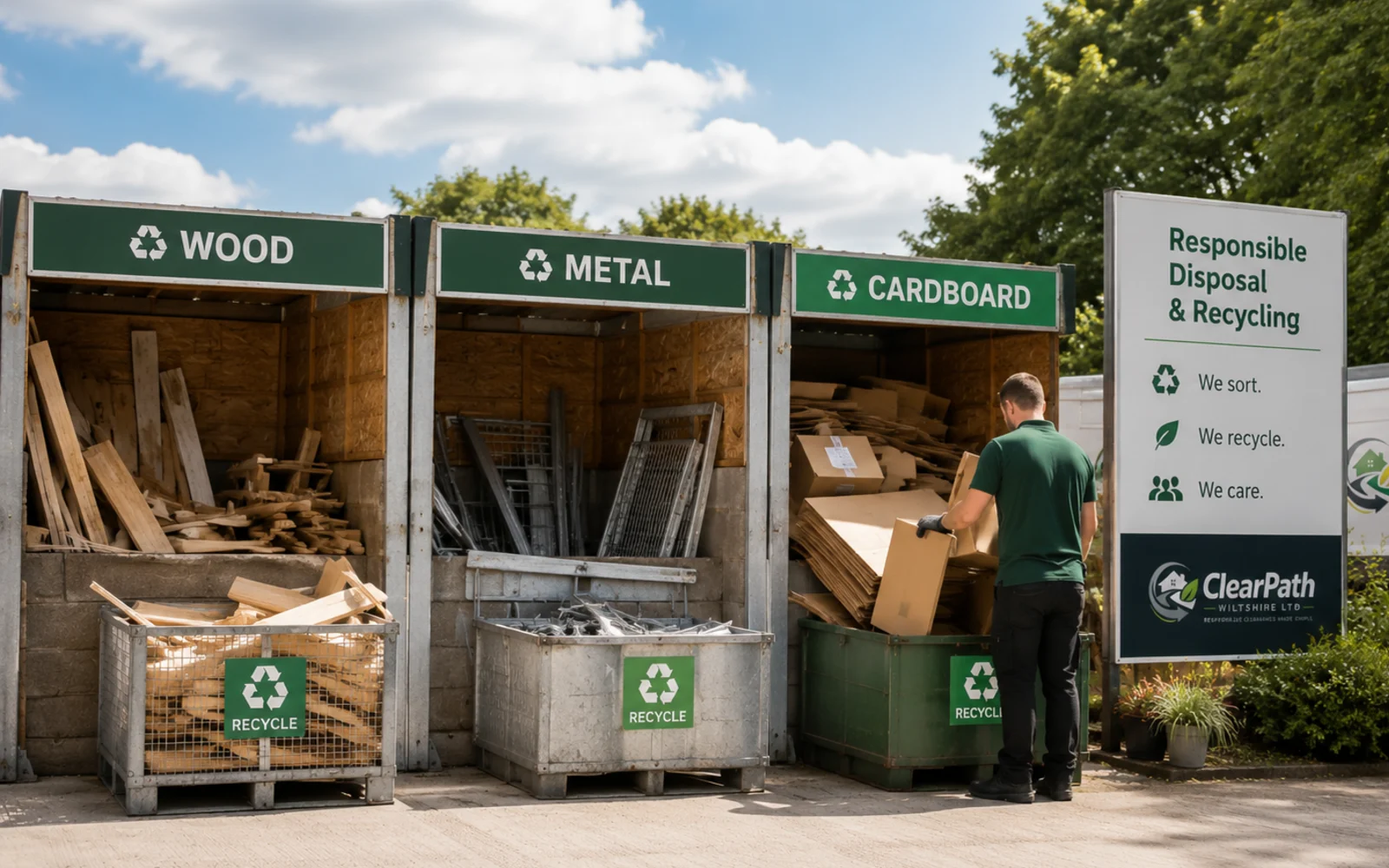 Sorted wood metal and cardboard materials for responsible disposal.